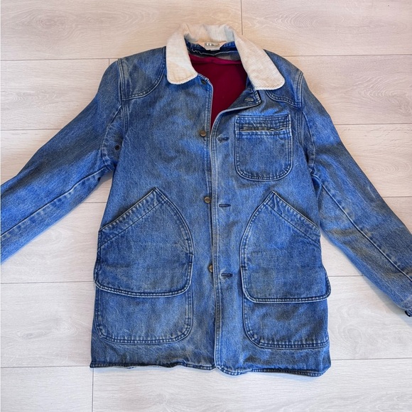 Vintage L.L. Bean Distressed Denim Chore Coat Barn Jacket Removable Wool Lining - Picture 2 of 13